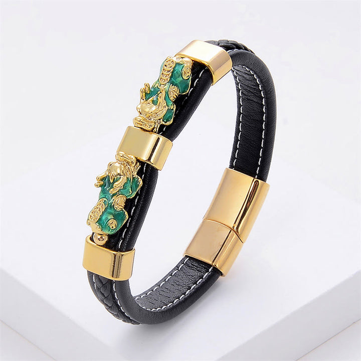 Buddha Stones Double PiXiu Wealth Luck Leather Magnetic Buckle Bracelet - Green PiXiu - 18-22cm - image 2