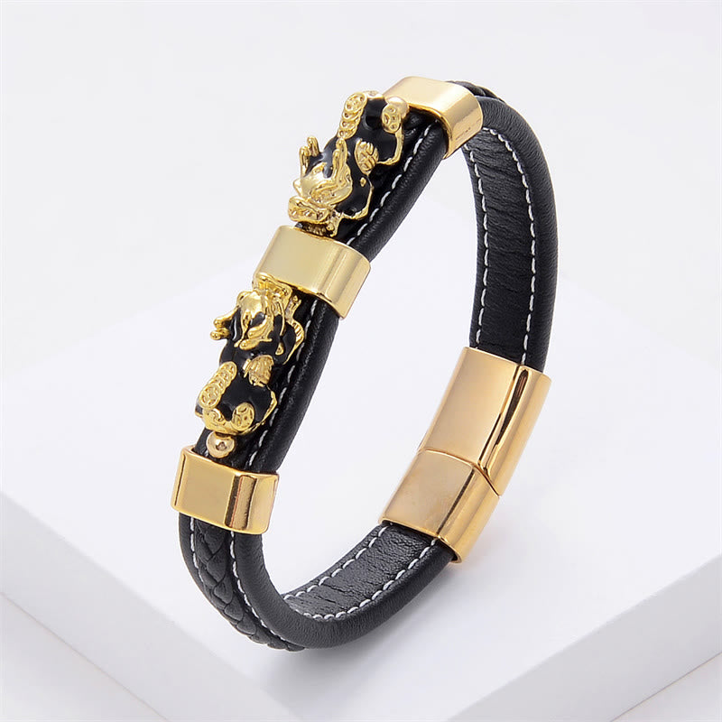 Buddha Stones Double PiXiu Wealth Luck Leather Magnetic Buckle Bracelet - Black Gold PiXiu - 18-22cm - image 1