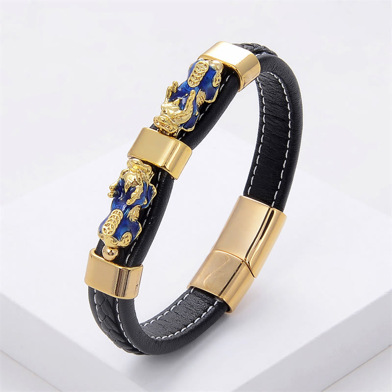 Buddha Stones Double PiXiu Wealth Luck Leather Magnetic Buckle Bracelet - Blue PiXiu - 18-22cm - image 4