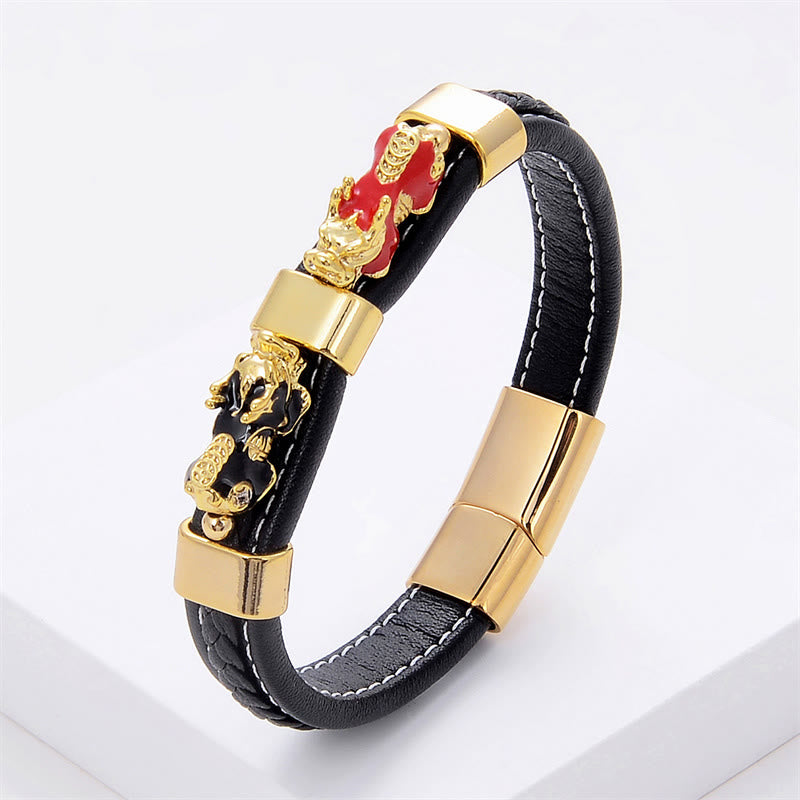 Buddha Stones Double PiXiu Wealth Luck Leather Magnetic Buckle Bracelet - Red Black PiXiu - 18-22cm - image 3
