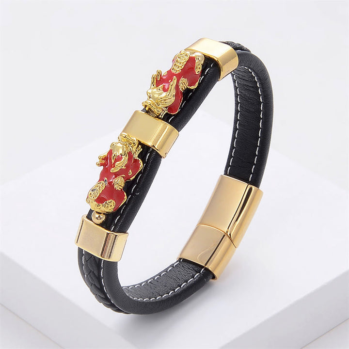 Buddha Stones Double PiXiu Wealth Luck Leather Magnetic Buckle Bracelet - Red PiXiu - 18-22cm - image 7