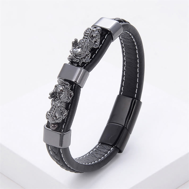 Buddha Stones Double PiXiu Wealth Luck Leather Magnetic Buckle Bracelet - Black Gray PiXiu - 18-22cm - image 9