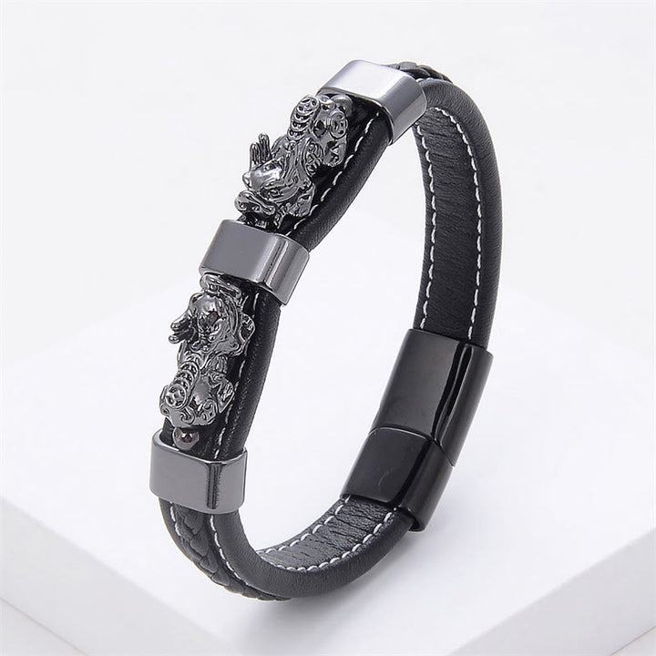 Buddha Stones Double PiXiu Wealth Luck Leather Magnetic Buckle Bracelet - Black Gray PiXiu - 18-22cm - image 9