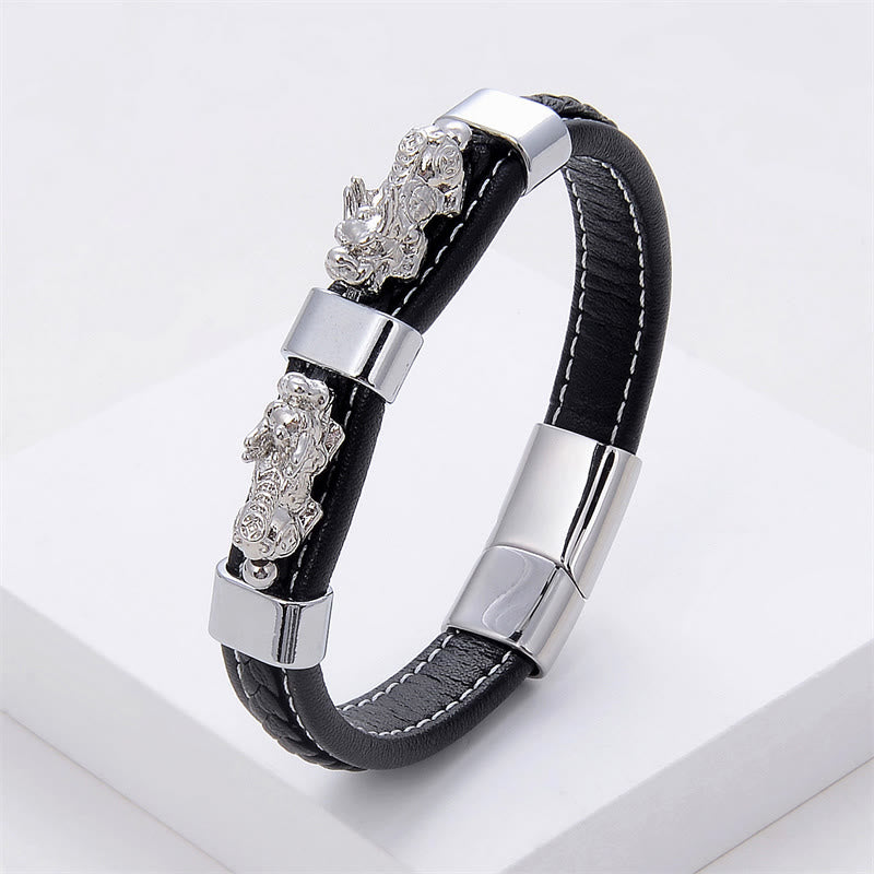 Buddha Stones Double PiXiu Wealth Luck Leather Magnetic Buckle Bracelet - Silver PiXiu - 18-22cm - image 8