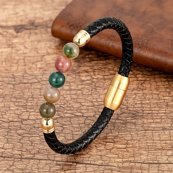 Buddha Stones Blue Agate Tiger Eye Lava Rock Black Onyx Lazurite Lapis Lazuli Bead Protection Leather Bracelet - Agate - 18-22cm - image 0