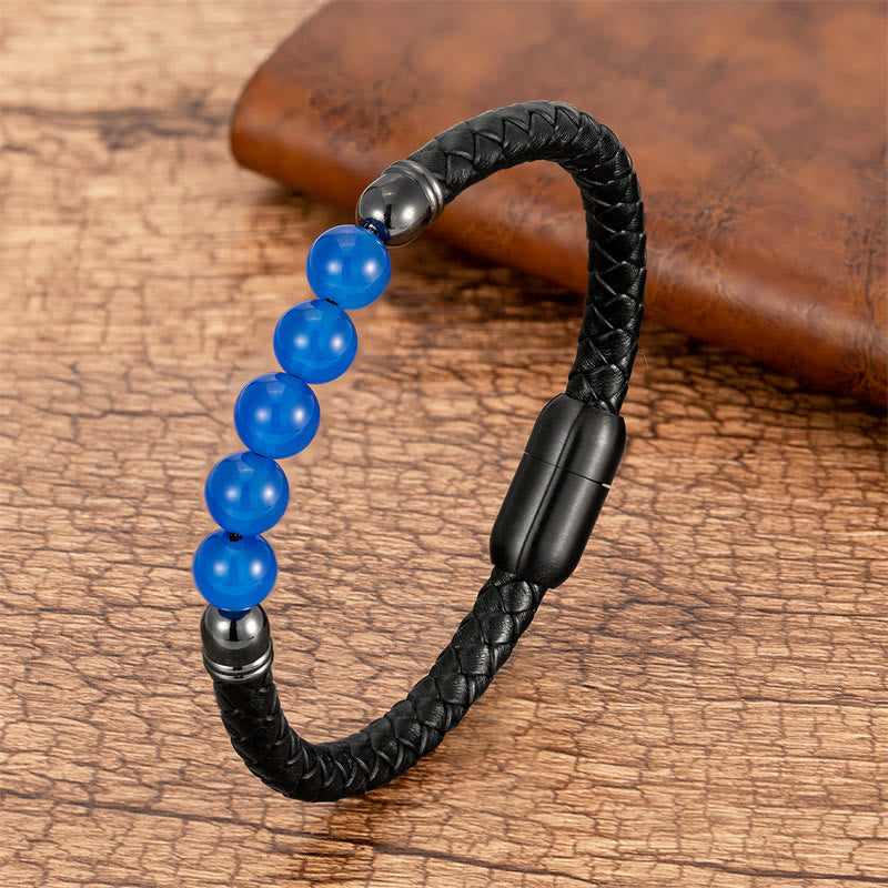 Buddha Stones Blue Agate Tiger Eye Lava Rock Black Onyx Lazurite Bead Protection Leather Bracelet - Blue Agate - 18-22cm - image 1