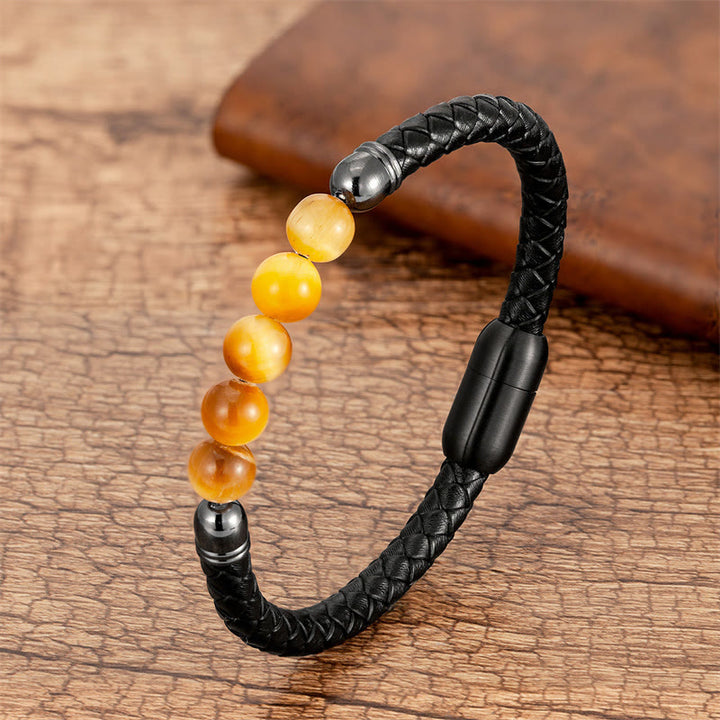 Buddha Stones Blue Agate Tiger Eye Lava Rock Black Onyx Lazurite Lapis Lazuli Bead Protection Leather Bracelet - Golden Tiger Eye - 18-22cm - image 6