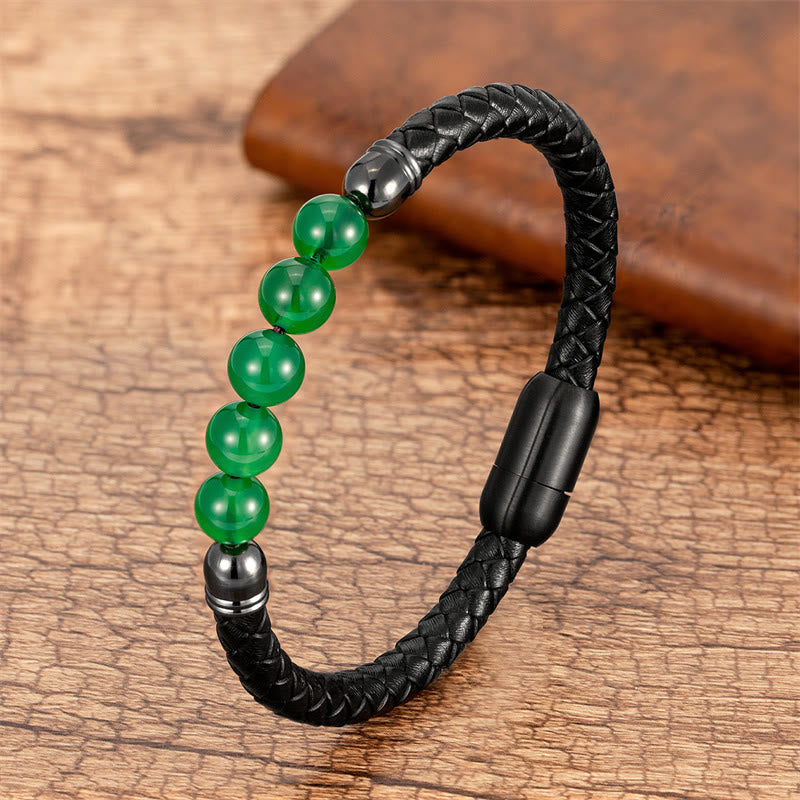 Buddha Stones Blue Agate Tiger Eye Lava Rock Black Onyx Lazurite Bead Protection Leather Bracelet - Green Agate - 18-22cm - image 7