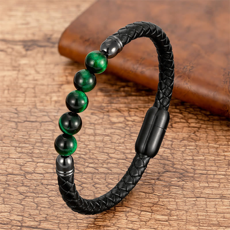 Buddha Stones Blue Agate Tiger Eye Lava Rock Black Onyx Lazurite Lapis Lazuli Bead Protection Leather Bracelet - Green Tiger Eye - 18-22cm - image 9