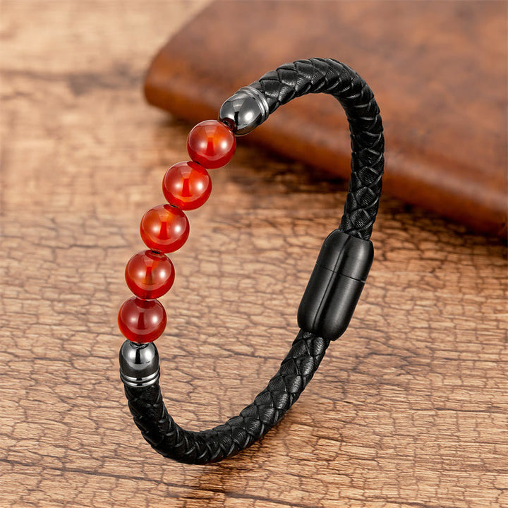 Buddha Stones Blue Agate Tiger Eye Lava Rock Black Onyx Lazurite Bead Protection Leather Bracelet - Red Agate - 18-22cm - image 14