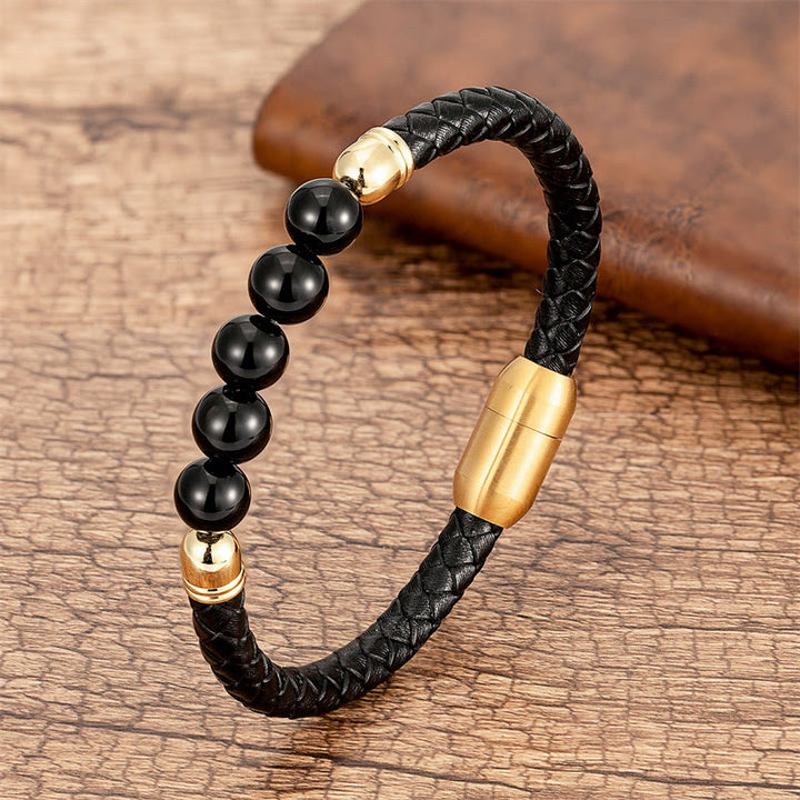Buddha Stones Blue Agate Tiger Eye Lava Rock Black Onyx Lazurite Bead Protection Leather Bracelet - Black Onyx - 18-22cm - image 16