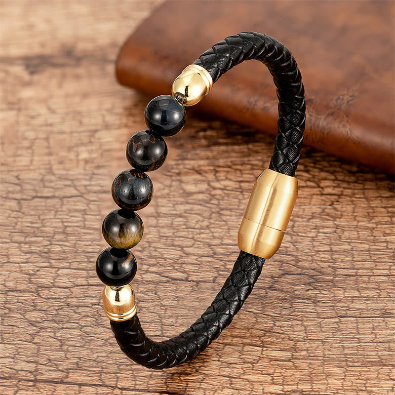 Buddha Stones Blue Agate Tiger Eye Lava Rock Black Onyx Lazurite Bead Protection Leather Bracelet - Black Yellow Tiger Eye - 18-22cm - image 18