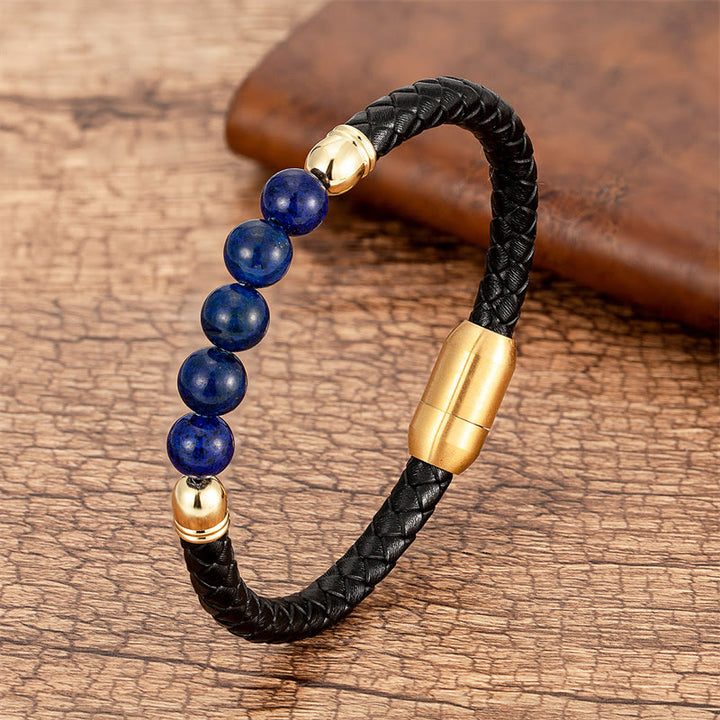 Buddha Stones Blue Agate Tiger Eye Lava Rock Black Onyx Lazurite Bead Protection Leather Bracelet - Lazurite - 18-22cm - image 19
