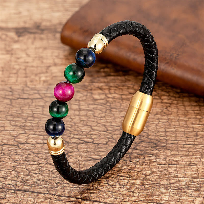 Buddha Stones Blue Agate Tiger Eye Lava Rock Black Onyx Lazurite Bead Protection Leather Bracelet - Rose Red Green Blue Tiger Eye - 18-22cm - image 22