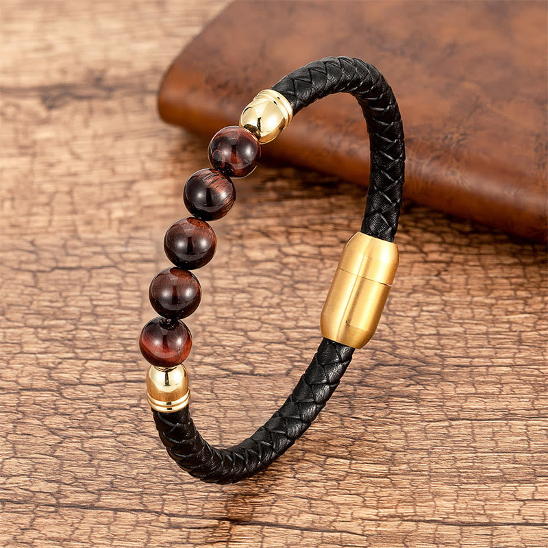 Buddha Stones Blue Agate Tiger Eye Lava Rock Black Onyx Lazurite Bead Protection Leather Bracelet - Brown Red Tiger Eye - 18-22cm - image 23