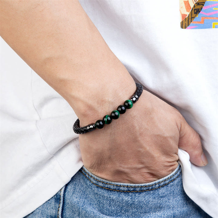 Buddha Stones Blue Agate Tiger Eye Lava Rock Black Onyx Lazurite Bead Protection Leather Bracelet - image 10
