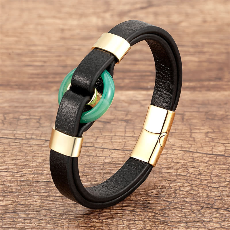 Buddha Stones Round Green Aventurine Black Onyx Hematite Agate Rose Quartz Stone Balance Leather Magnetic Buckle Bracelet - Green Aventurine-Gold - 18-22cm - image 0