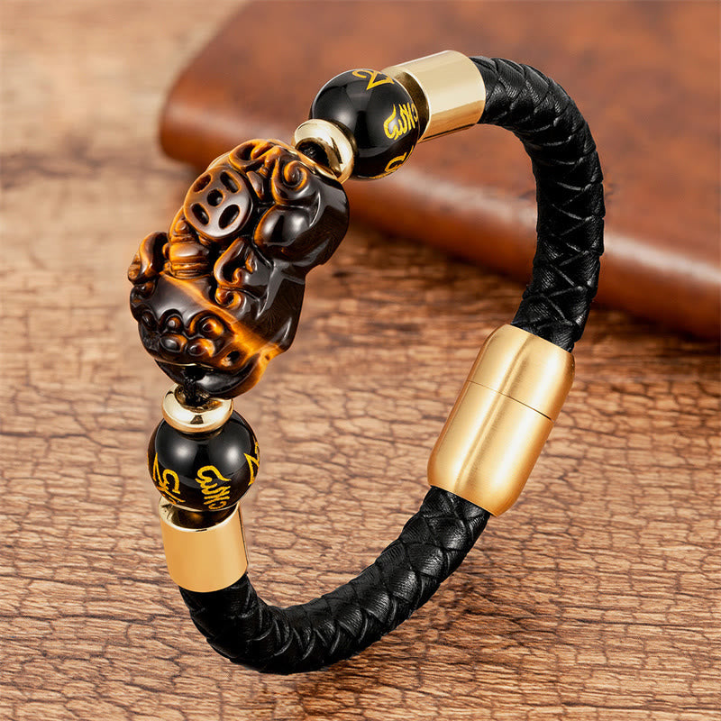 Buddha Stones Tiger Eye Black Onyx Red Agate PiXiu Copper Coin Om Mani Padme Hum Strength Leather Bracelet - Tiger Eye - 18-22cm - image 0