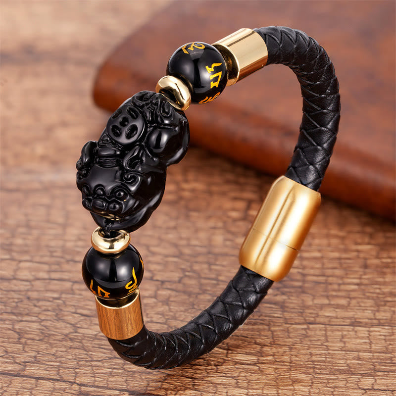 Buddha Stones Tiger Eye Black Onyx Red Agate PiXiu Copper Coin Om Mani Padme Hum Strength Leather Bracelet - Black Onyx - 18-22cm - image 5