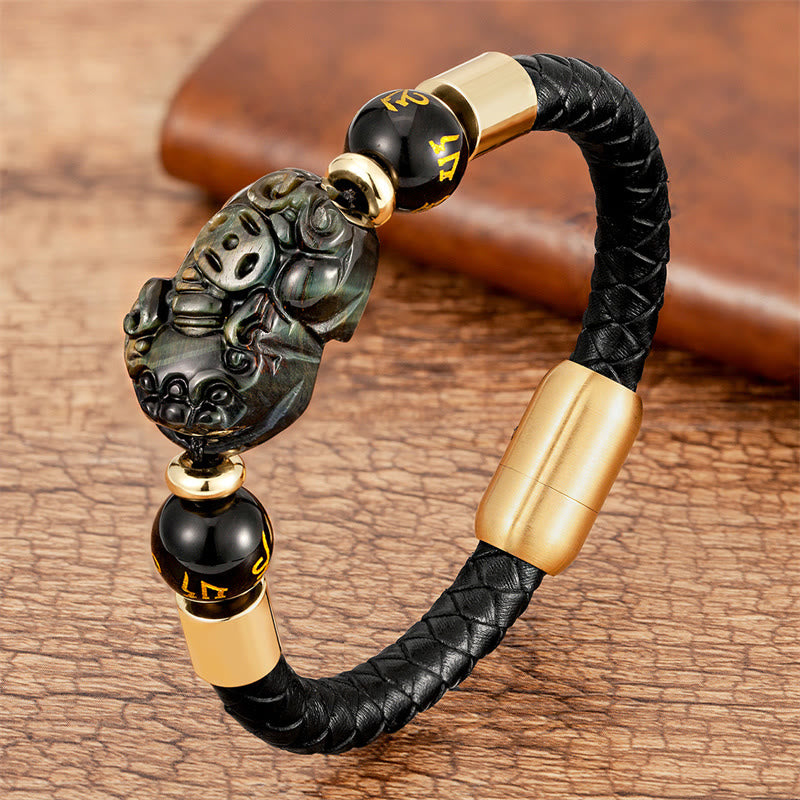 Buddha Stones Tiger Eye Black Onyx Red Agate PiXiu Copper Coin Om Mani Padme Hum Strength Leather Bracelet - Agate - 18-22cm - image 8