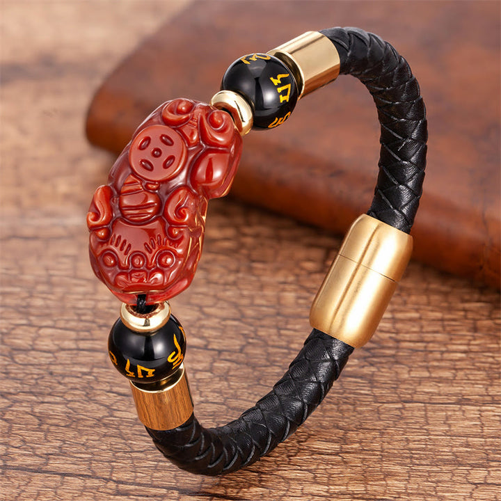 Buddha Stones Tiger Eye Black Onyx Red Agate PiXiu Copper Coin Om Mani Padme Hum Strength Leather Bracelet - Red Agate - 18-22cm - image 9