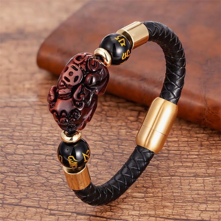 Buddha Stones Tiger Eye Black Onyx Red Agate PiXiu Copper Coin Om Mani Padme Hum Strength Leather Bracelet - Red Tiger Eye - 18-22cm - image 11