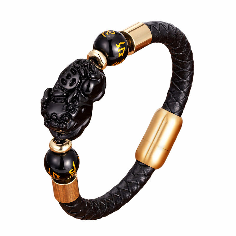 Buddha Stones Tiger Eye Black Onyx Red Agate PiXiu Copper Coin Om Mani Padme Hum Strength Leather Bracelet - image 6