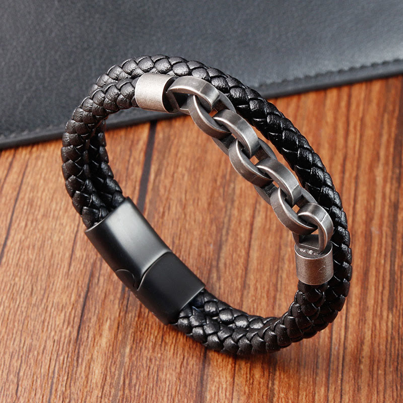 Buddha Stones Chain Design Titanium Steel Balance Leather Braided Buckle Bracelet - Double Layer(Wrist Circumference: 18-20cm) - image 0