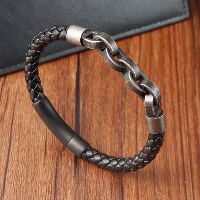 Buddha Stones Chain Design Titanium Steel Balance Leather Braided Buckle Bracelet - Single Layer(Wrist Circumference: 18-20cm) - image 8