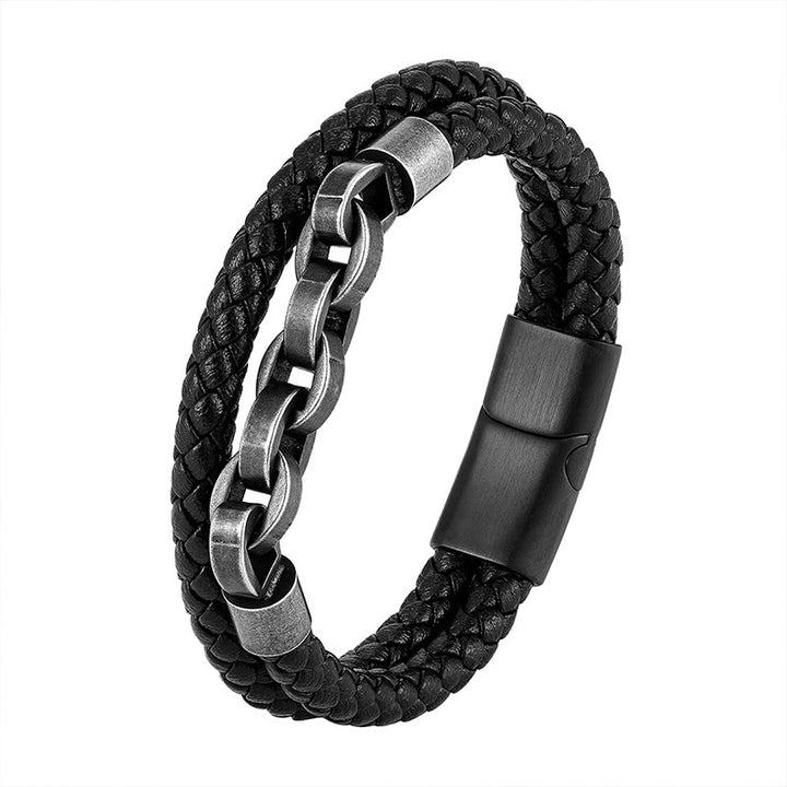 Buddha Stones Chain Design Titanium Steel Balance Leather Braided Buckle Bracelet - image 5