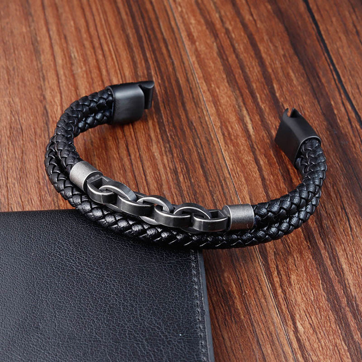 Buddha Stones Chain Design Titanium Steel Balance Leather Braided Buckle Bracelet - image 4