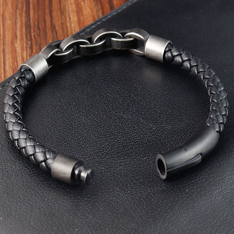 Buddha Stones Chain Design Titanium Steel Balance Leather Braided Buckle Bracelet - image 12