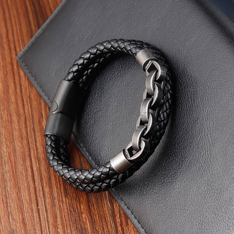 Buddha Stones Chain Design Titanium Steel Balance Leather Braided Buckle Bracelet - image 3