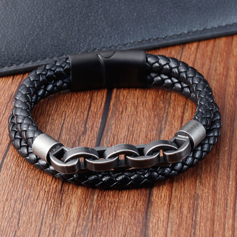 Buddha Stones Chain Design Titanium Steel Balance Leather Braided Buckle Bracelet - image 1