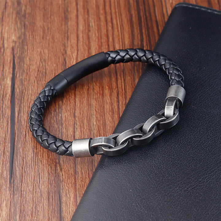 Buddha Stones Chain Design Titanium Steel Balance Leather Braided Buckle Bracelet - image 9