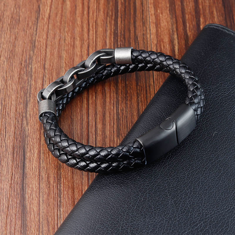 Buddha Stones Chain Design Titanium Steel Balance Leather Braided Buckle Bracelet - image 2
