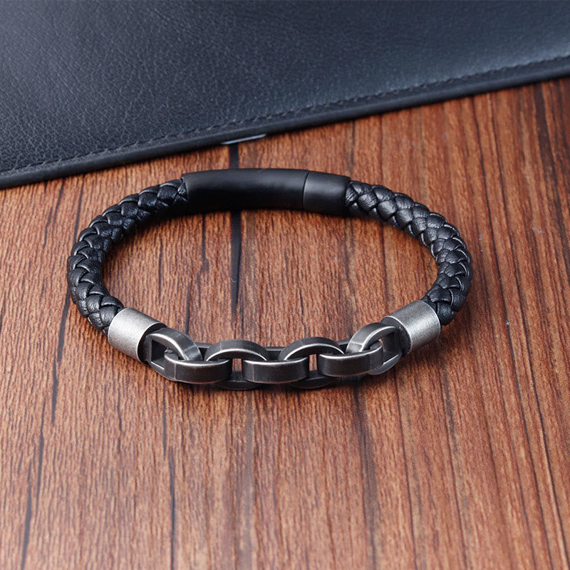 Buddha Stones Chain Design Titanium Steel Balance Leather Braided Buckle Bracelet - image 10