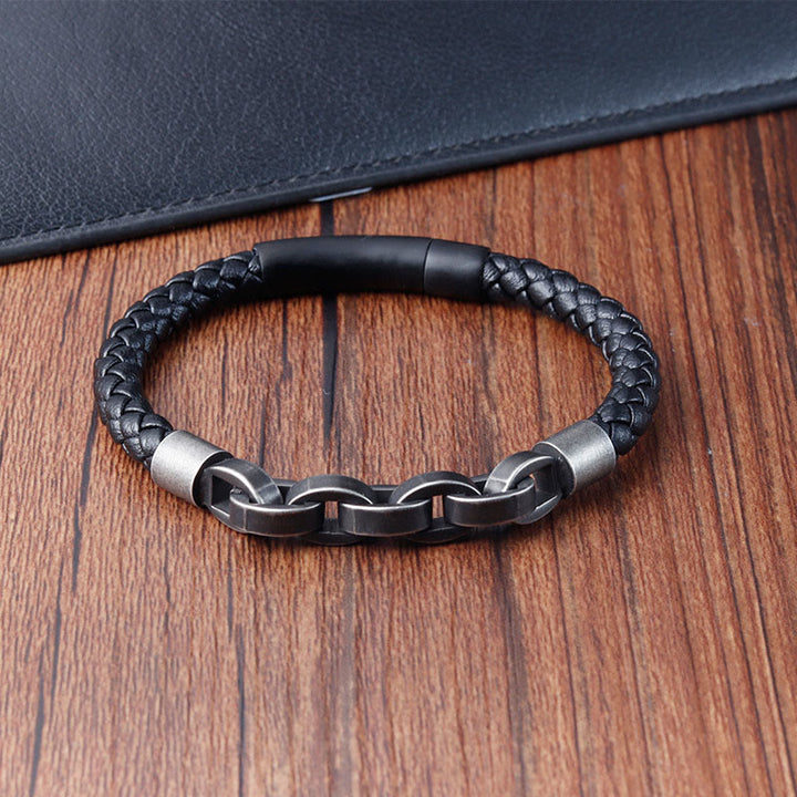 Buddha Stones Chain Design Titanium Steel Balance Leather Braided Buckle Bracelet - image 10