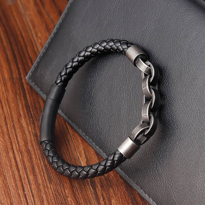 Buddha Stones Chain Design Titanium Steel Balance Leather Braided Buckle Bracelet - image 11