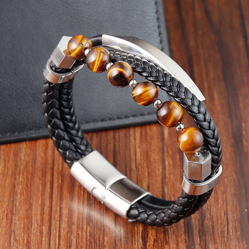 Buddha Stones Tiger Eye Bead Multi-layered Grounding Leather Buckle Bracelet - image 1