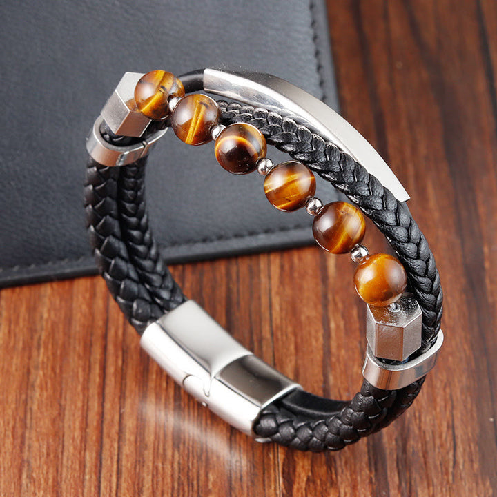 Buddha Stones Tiger Eye Bead Multi-layered Grounding Leather Buckle Bracelet - image 1