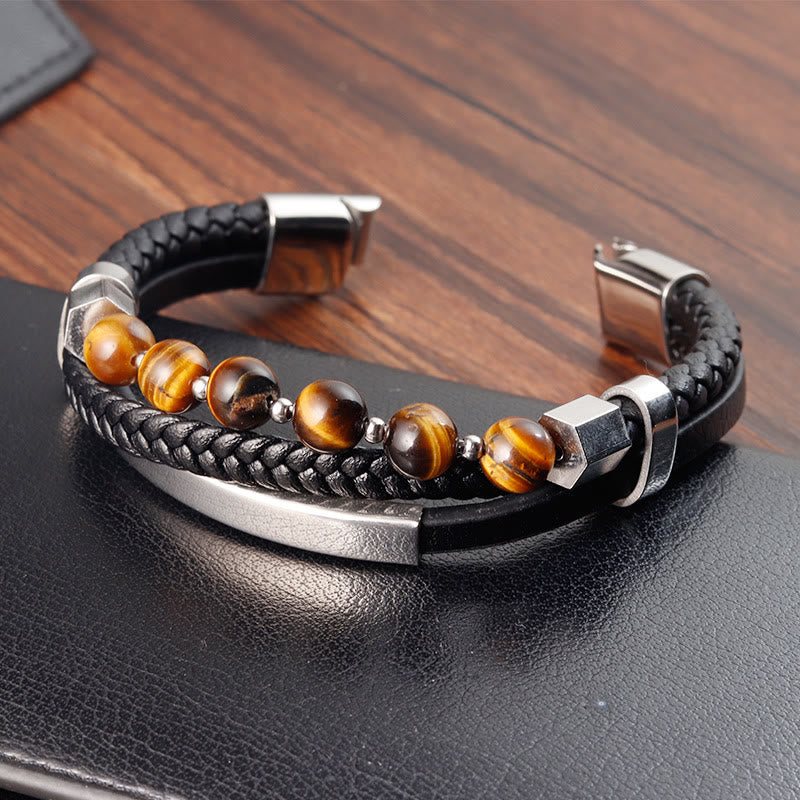 Buddha Stones Tiger Eye Bead Multi-layered Grounding Leather Buckle Bracelet - image 2