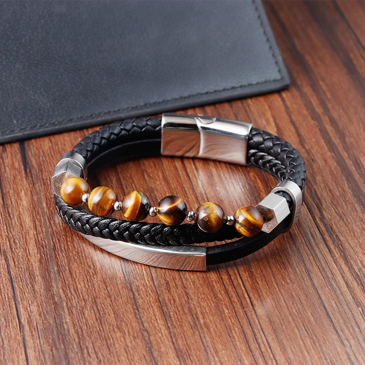 Buddha Stones Tiger Eye Bead Multi-layered Grounding Leather Buckle Bracelet - image 5