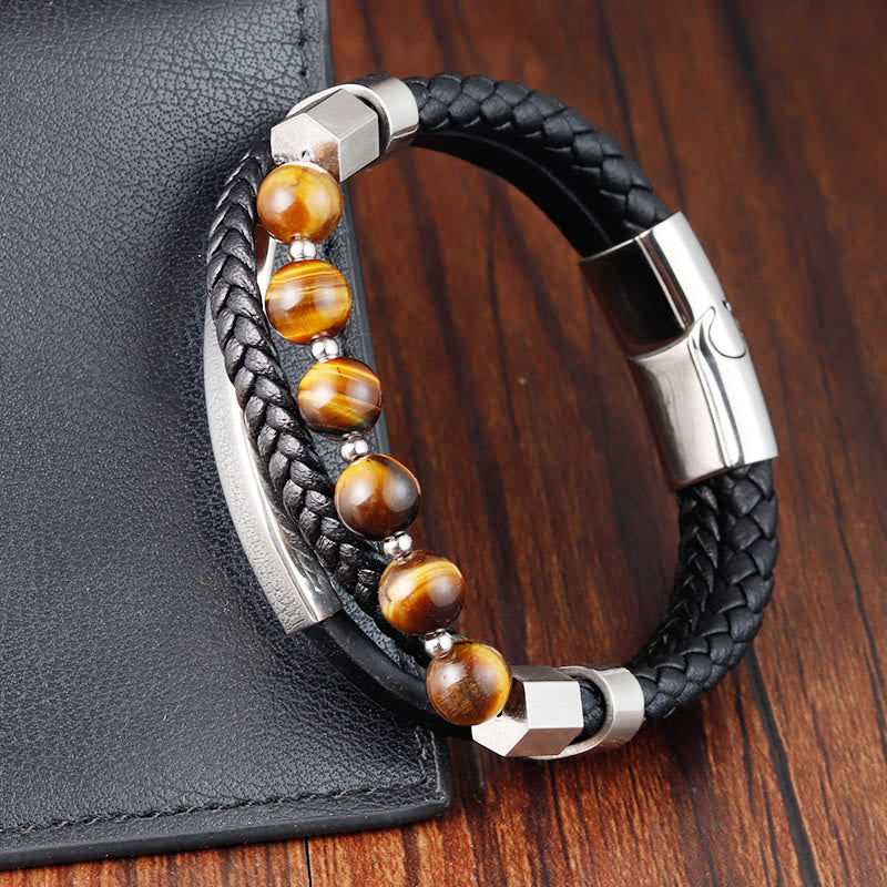 Buddha Stones Tiger Eye Bead Multi-layered Grounding Leather Buckle Bracelet - Tiger Eye(Wrist Circumference: 18-20cm) - image 0