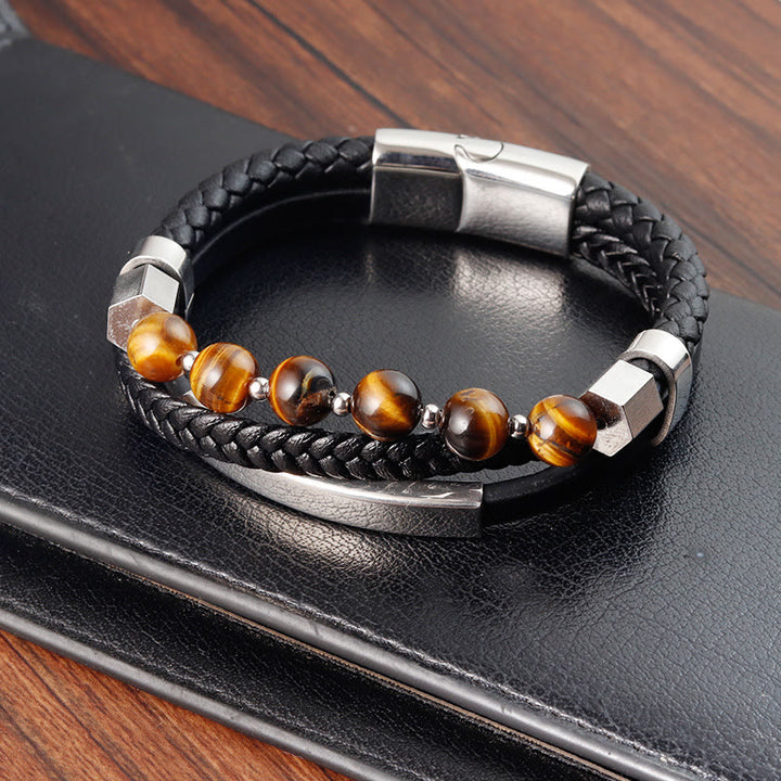 Buddha Stones Tiger Eye Bead Multi-layered Grounding Leather Buckle Bracelet - image 4