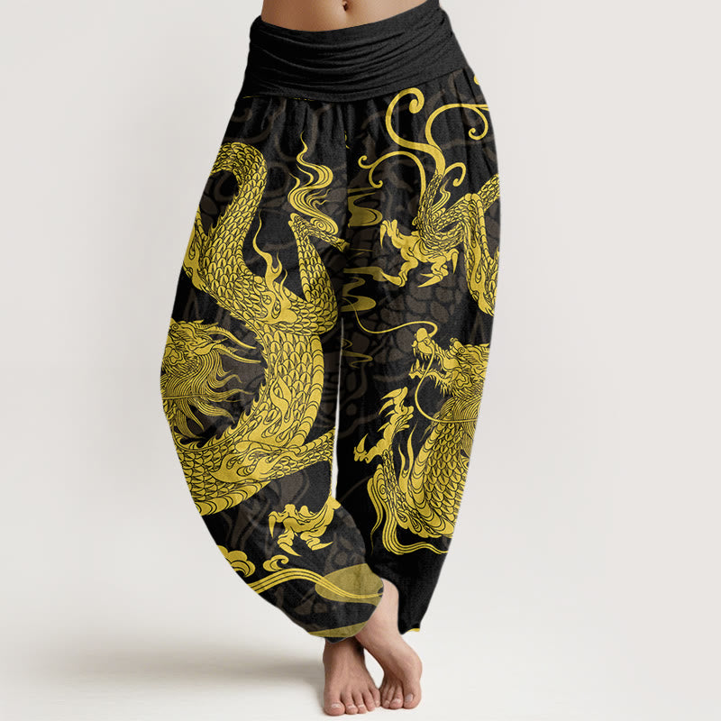 Buddha Stones Dragon Auspicious Clouds Women's Elastic Waist Harem Pants - Black - US22，UK/AU26，EU54 (6XL) - image 0