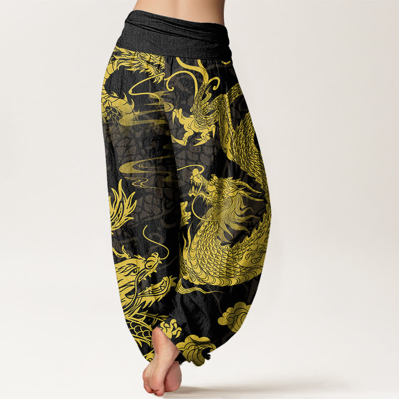 Buddha Stones Dragon Auspicious Clouds Women's Elastic Waist Harem Pants - image 1