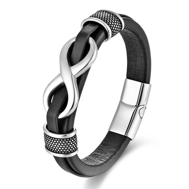 Buddha Stones Endless Knot Infinity Symbol Design Titanium Steel Balance Leather Buckle Bracelet - image 3