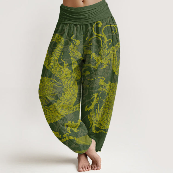 Buddha Stones Cotton Dragon Auspicious Clouds Women's Elastic Waist Harem Pants - DarkOliveGreen - US22，UK/AU26，EU54 (6XL) - image 4