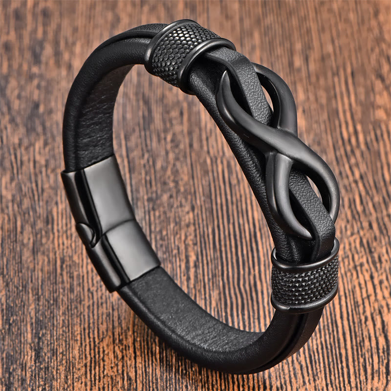 Buddha Stones Endless Knot Infinity Symbol Design Titanium Steel Balance Leather Buckle Bracelet - Black(Wrist Circumference: 18-20cm) - image 0